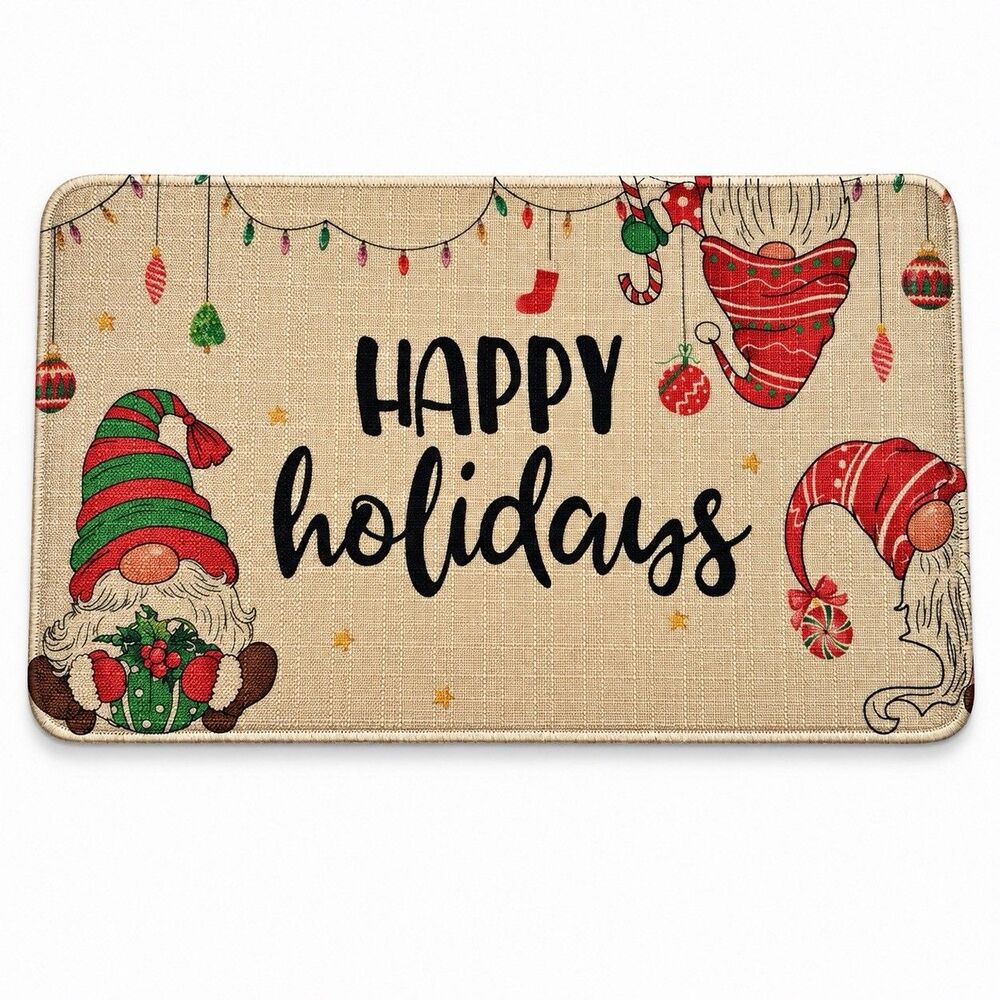 Christmas Gnome Kitchen Mat 30x17 Happy Holidays Beige Holiday Floor Rug New